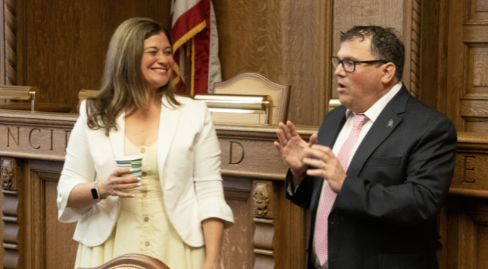 (L to R) State Rep. Marcell and Executive Director of PJC Hank Butler discuss the IHRA definition of antisemitism.