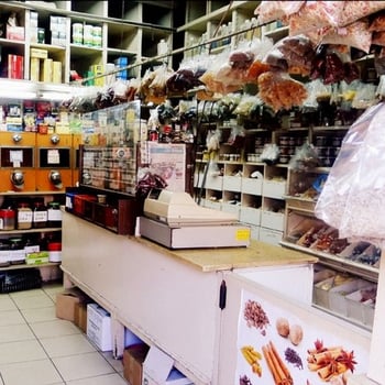 The storefront, where spices line the walls. 