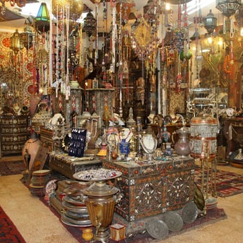 Interior of the shop, where jewelry and antiques are seen on display.