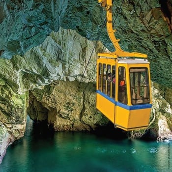 The world's steepest cable car descending to the grottoes. 