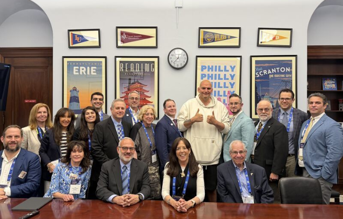 A Jewish Greater Philadelphia cohort met with Senator John Fetterman in May as part of a Washington, DC fly-in mission organized by the Jewish Federations of North America. Courtesy: Jewish Federation of Greater Philadelphia &nbsp;